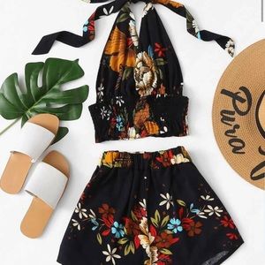 3 for $30 bundle item! Floral Print Smocked Halter Top & Shorts Set
